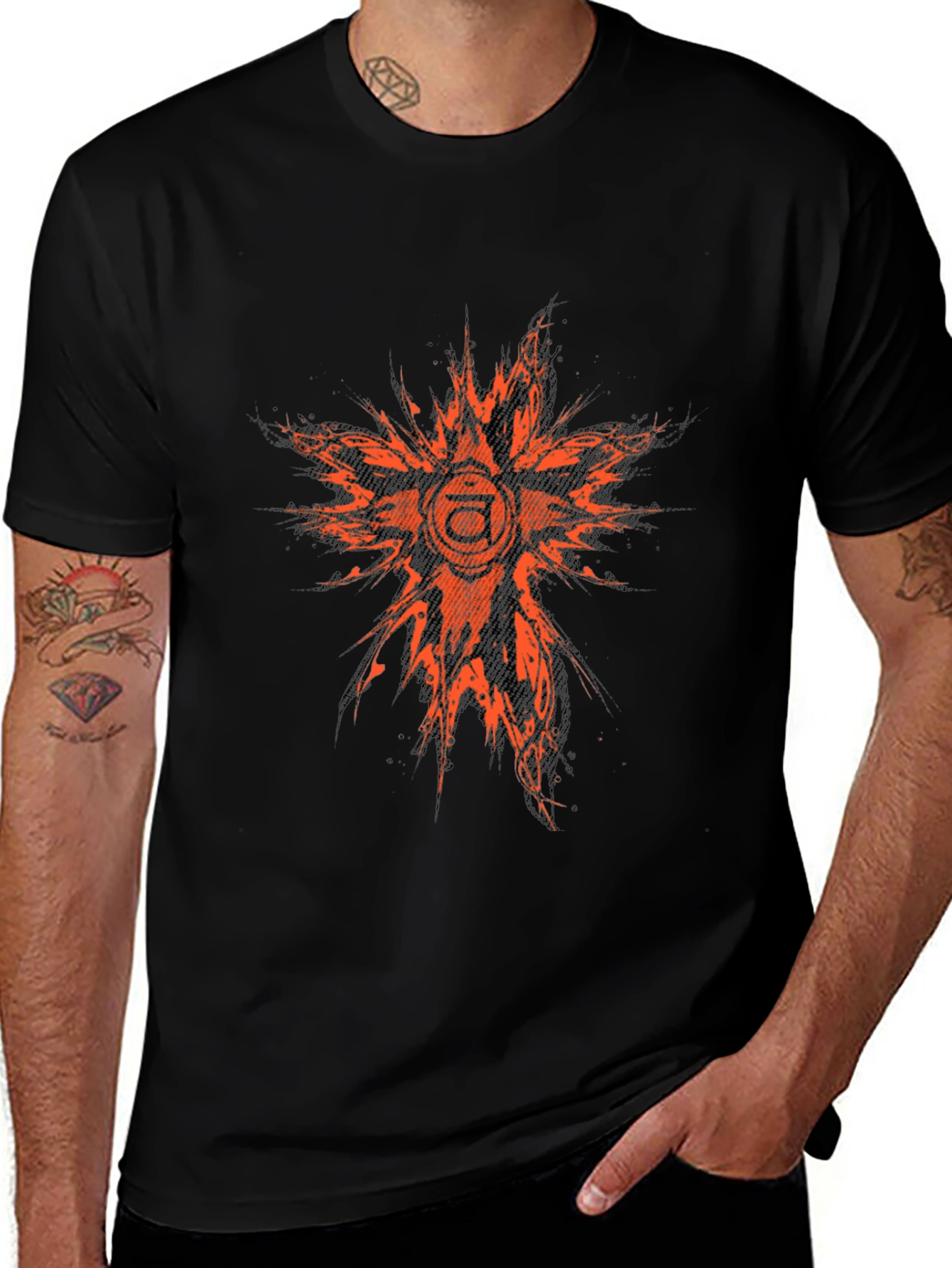 Abstract Orange Graphic Print Black T-Shirt