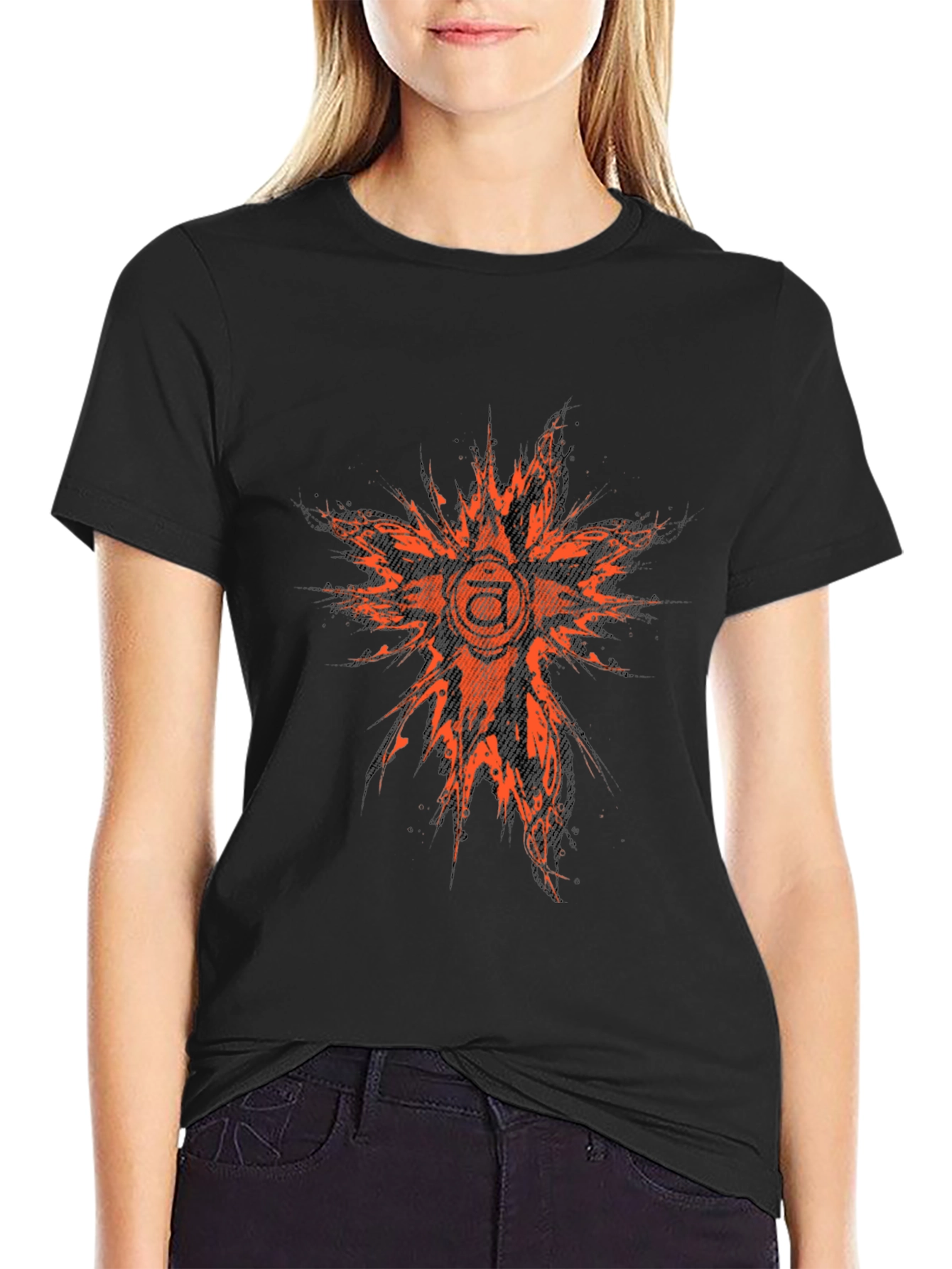 Abstract Orange Graphic Print Black T-Shirt